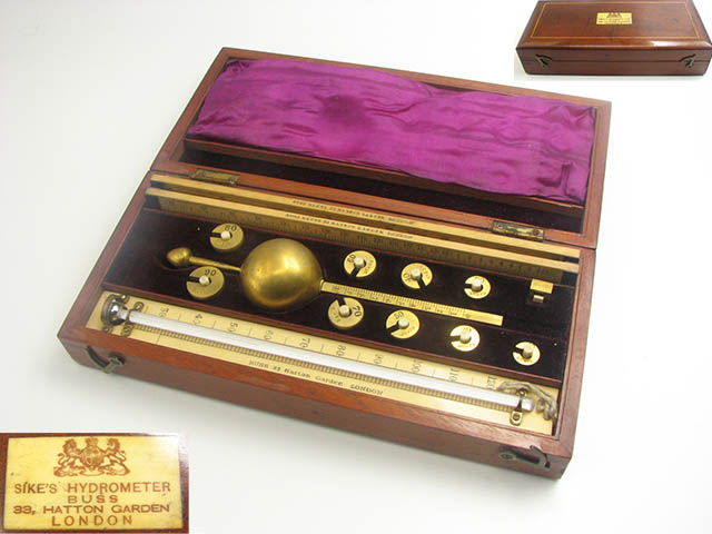 19th century Sikes hydrometer set by T O Buss with book of spirit tables